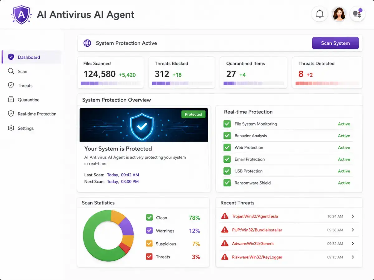 aiantivirus.app AI antivirus assistant app — threat dashboard preview